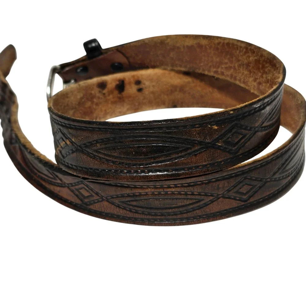 Men's Western Genuine Leather‎ Belt Embossed Geometric Engraved 44